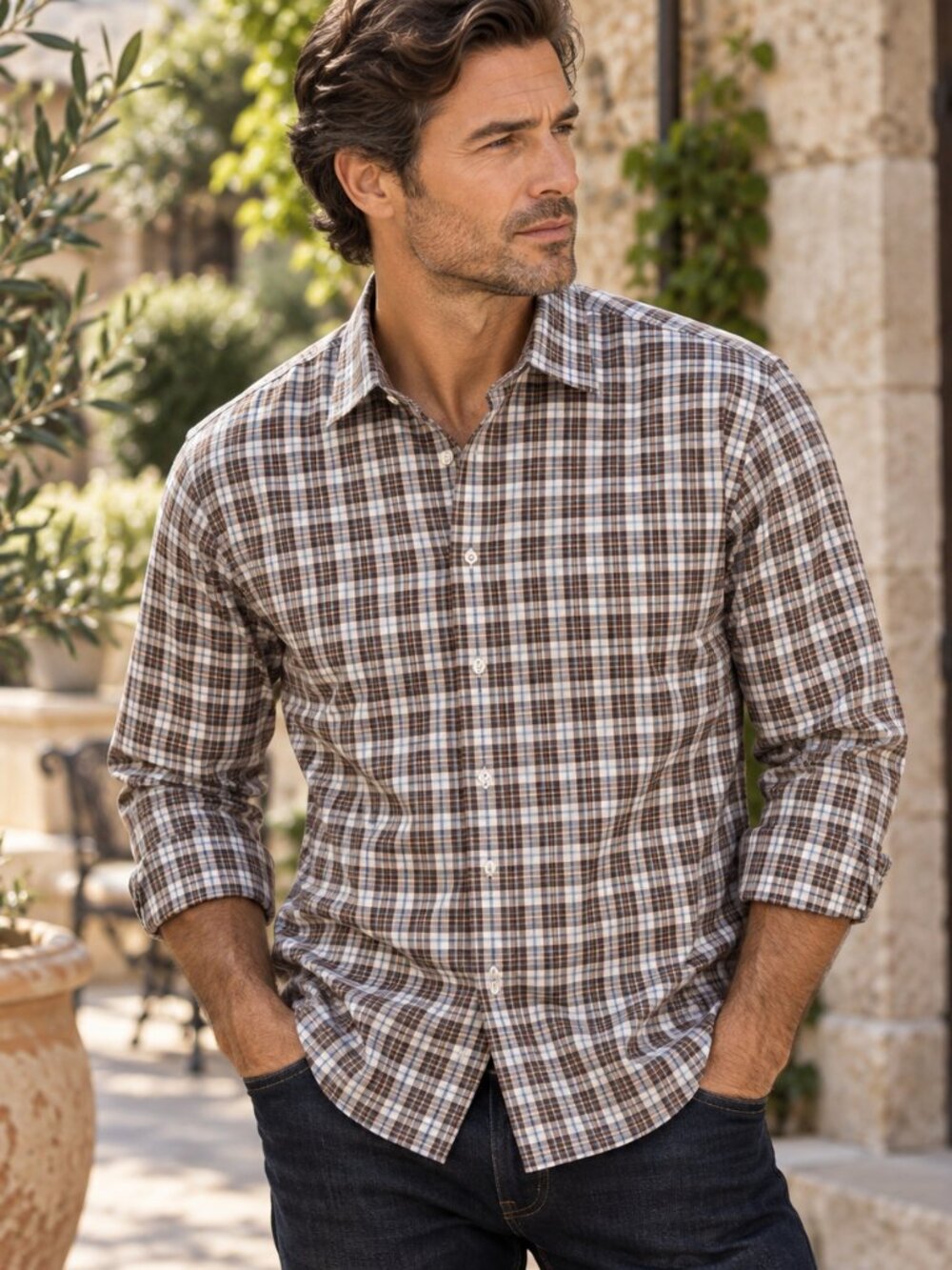 Bugatchi Uomo Shirt Mens L Brown Plaid Classic Fit Long Sleeve Button Up Casual